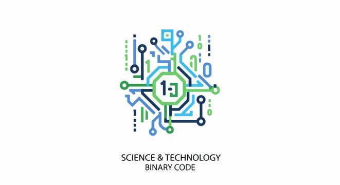 Abstract digital circuit with binary code elements and text