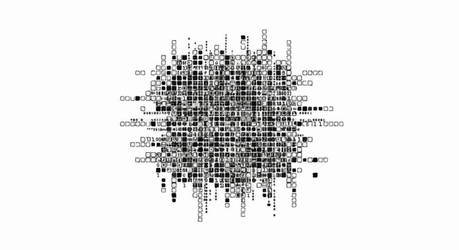Abstract pattern of squares, circles, and binary code on a white background