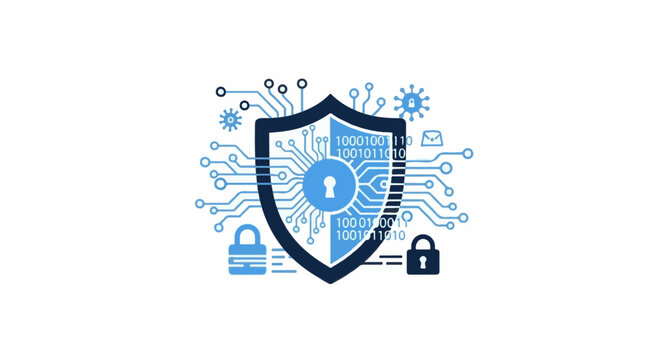 Digital shield with circuit board, binary code, locks, and virus icon
