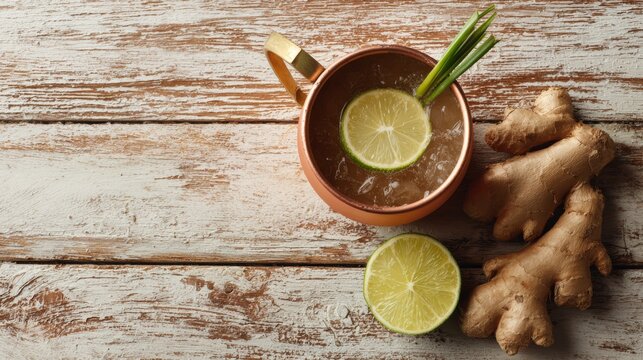 mule on light wooden surface, ginger root and lime beside it