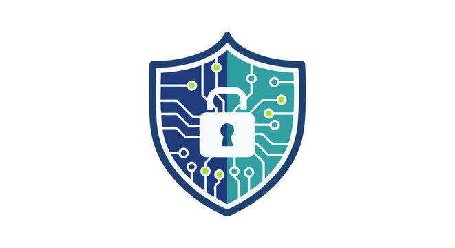 Digital shield with lock and circuitry, representing cybersecurity and data protection