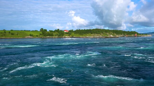Strong maelstrom currents and whirlpools at Saltstraumen during high tide in Norway cinematic marine footage.