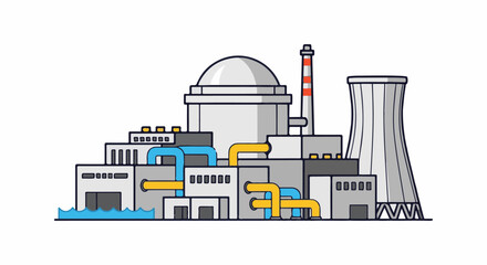 Fototapeta premium Stylized depiction of a large industrial power generation facility with a domed building and cooling tower