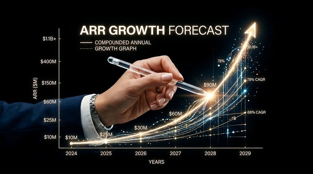 Businessman pointing at ARR growth forecast chart with glowing upward arrow on black background.