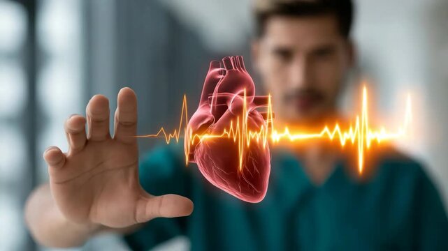 Doctor holding holographic heart with ecg waveform for medical presentation background and healthcare poster design for cardiology education.