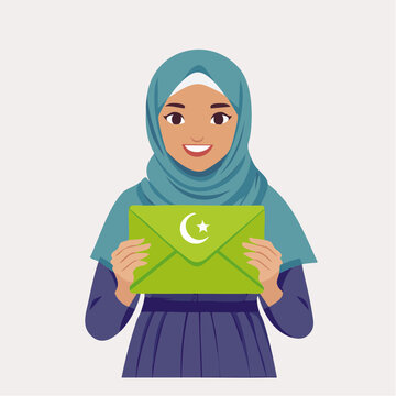 Muslim Woman in Hijab Holding Envelope with Crescent Moon and Star