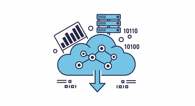 A cloud icon shows data transfer with servers, a graph, and binary code
