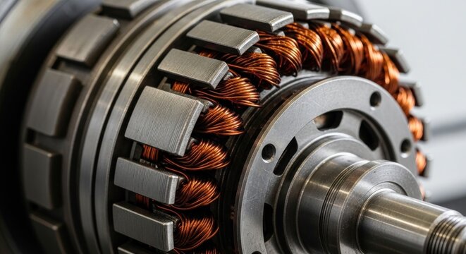 Closeup of Electric Motor Stator with Copper Windings and Metal Core.