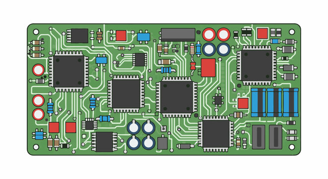 A complex green circuit board with black chips, blue and red components