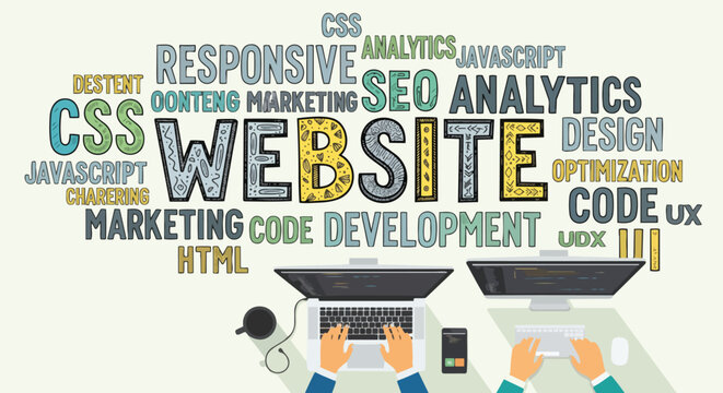 Word cloud with 'WEBSITE' central, surrounded by coding and marketing terms, hands typing on laptops, concept for web design, digital marketing and app development services.