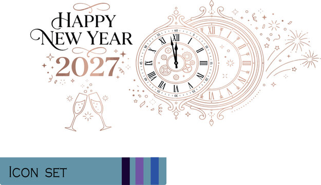 Print Happy New Year 2027 Celebration Banner - Elegant Rose Gold Vector Design Elements Featuring Vintage Clock Face Midnight Countdown Toasting Glasses and Fireworks