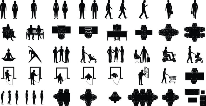 CAD people top view silhouettes vector illustration. Architecture floor plan figures, human scale symbols, interior design technical drawing,  black and white 50 vector icons, white background