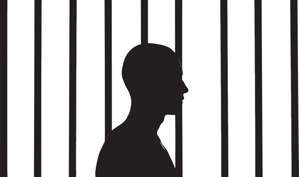 Silhouette of a man behind prison bars vector art