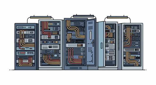 A row of server racks with colorful wires and lights