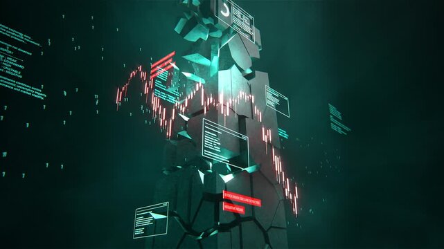 candlesticks overlaid geometric data structures represent a financial collapse in the digital stock market. Suitable for financerelated concepts.