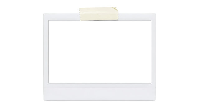 Blank instant photo frame with masking tape, retro polaroid style picture border, empty photographic card mockup for moodboards and scrapbooking isolated on Transparent Background