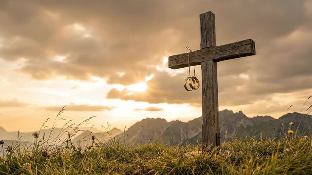 Wedding ring hanging on wooden cross in mountain landscape. Christian marriage promise at sunset with sun rays. Symbol of faith and commitment in nature scene.