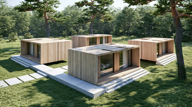 Modular housing concept prefabricated house wooden cabin modern architecture green landscape tiny house compact home sustainable design backyard
