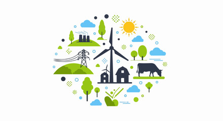 Fototapeta premium Renewable Energy and Sustainable Ecology Concept Vector Illustration: Wind Turbine, Solar Power, Green Farming, and Industrial Icons in a Circular Design