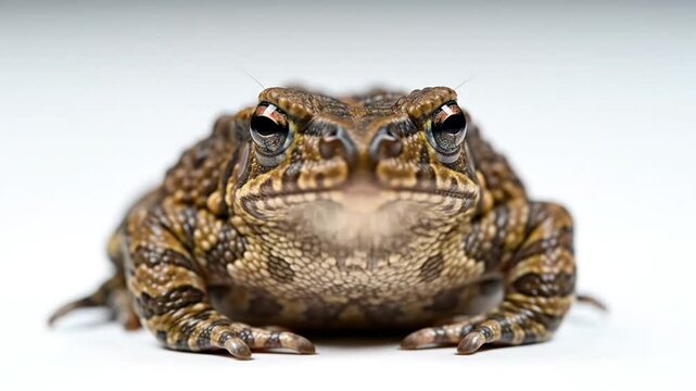 Close-up of a brown toad against a white backdrop with audible croaking sounds showcasing amphibian vocalization and natural wildlife behavior