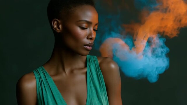 Side profile portrait of woman with blue and orange smoke for fashion background and editorial banner design.