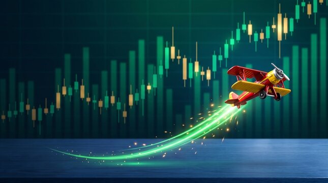 Stock Market Bullish Rally and Financial Success Concept with Flying Toy Biplane on Green Growth Chart background with copy space