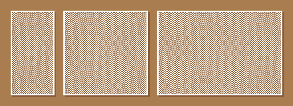 Laser cut Stenciled patterns set. Vector collection of CNC cutting templates with abstract geometric ornament, grid, lines, chevron. Decorative stencil for laser cut