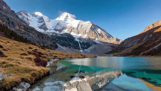 Majestic snow-capped Mount Yangmaiyong peak reflected in the turquoise Milk Lake, Daocheng Yading Sichuan China.