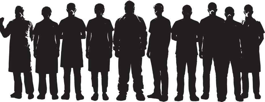 Silhouettes of a diverse group of medical professionals and scientists standing in a row vector art