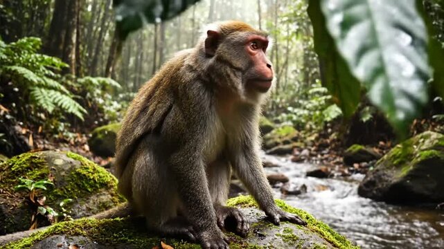 Macaque monkey sitting on a moss-covered rock, looking alert and thoughtful beside a stream in a lush rainforest environment