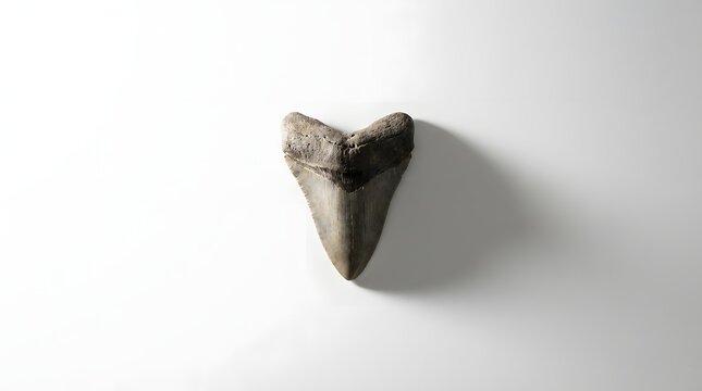 Giant prehistoric fossilized megalodon shark tooth isolated on white background with shadow.
