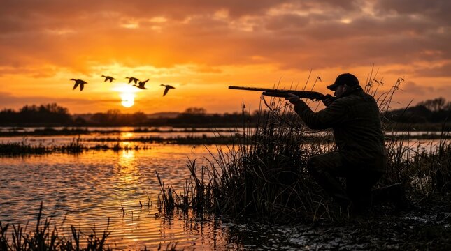 Hunter Aims Rifle at Ducks During Golden Sunset Over Marshland.