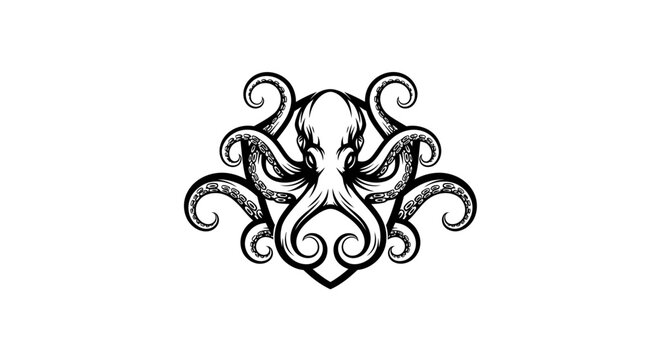 Intricate black and white octopus illustration with swirling tentacles