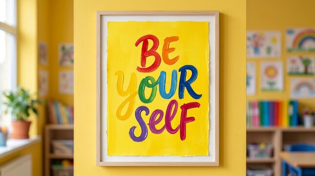 Colorful Rainbow Hand Painted Be Yourself Brush Lettering on Yellow Framed Poster in Bright Kids Classroom