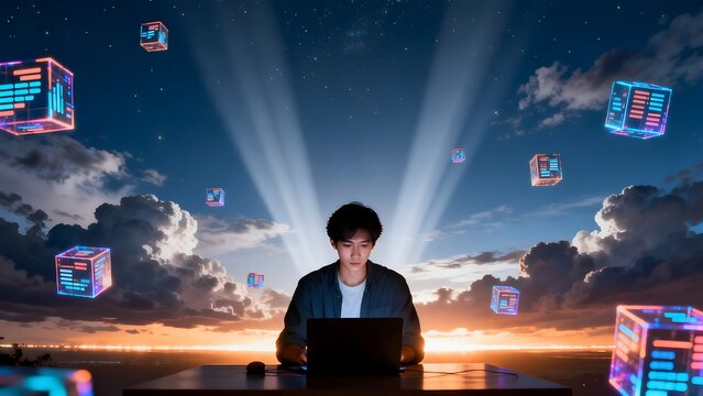 Young man working on laptop with digital cubes