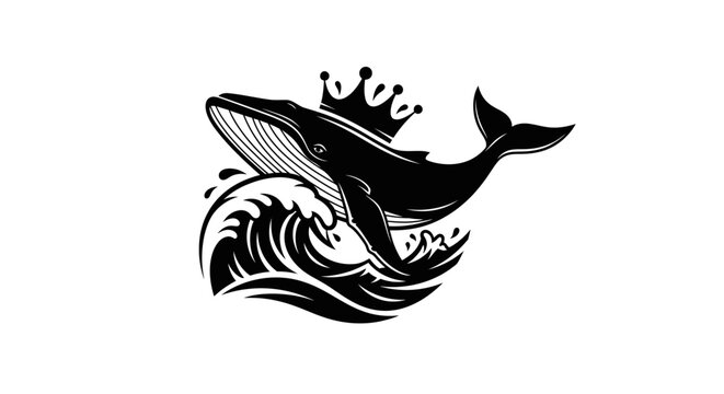 Humpback whale with royal crown breaching ocean waves logo.