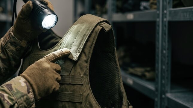 Military Quartermaster Inspecting Strong Tactical Vest with Flashlight