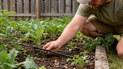 Fototapeta premium Gardener checks drip irrigation line in vegetable bed, showing watering system garden maintenance, smart irrigation and practical plant care.