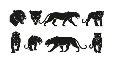 Panther silhouettes in various poses on transparent background © Ayesha