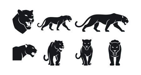 Panther silhouettes in various poses on transparent background © Ayesha
