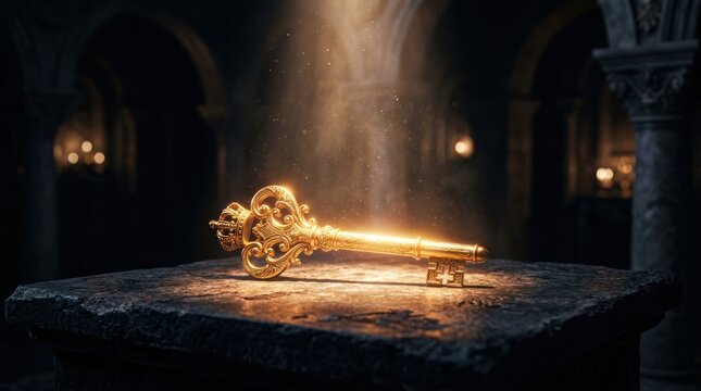 Mysterious Golden Key Illuminated by Divine Light in Ancient Chamber.
