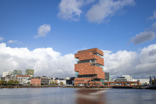 Skyline of Antwerp along the Scheldt River with MAS building, Eilandje district, Antwerp, Belgium