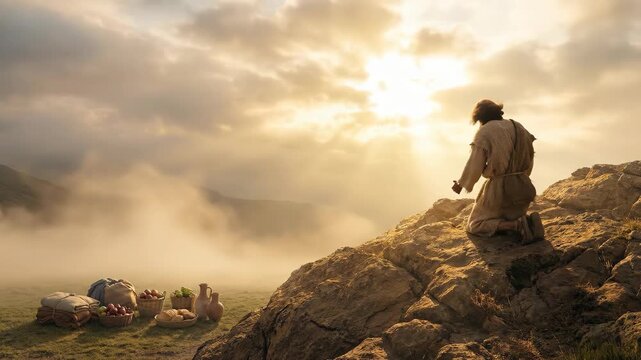 Man kneeling on mountain peak at sunrise with arms raised in prayer. Religious figure in ancient clothing praying outdoors near baskets of food by golden light.