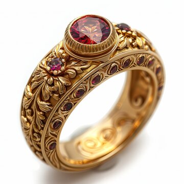 Elegant gold ring featuring a brilliant red gemstone and intricate floral engravings on white background
