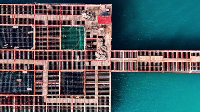 Overhead detail of open fish farm platform structure. Top down aerial view of red metal grid frames with green net pool, wooden planks and equipment on turquoise sea edge.