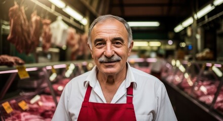 Fototapeta premium Portrait of a Smiling Butcher in a Red Apron at His Shop.