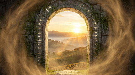 Naklejka premium Ancient stone portal with glowing golden runes leading to misty mountain landscape at sunrise. Mystical fantasy archway entrance into a magical world.