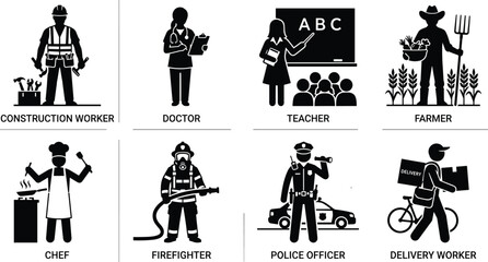 Obraz premium Profession icon illustration collection featuring construction worker, doctor, teacher, farmer, chef, firefighter, police officer, and delivery worker