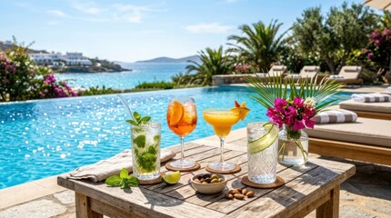 Obraz premium Refreshing Cocktails by the Poolside with Ocean View.
