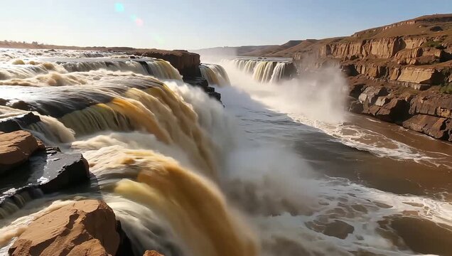 Powerful raging waters of Hukou Waterfall on the Yellow River with misty splashes, Jixian Shanxi China.